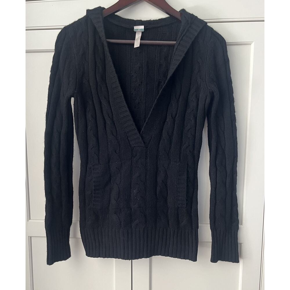 AQUA Cashmere Cable Knit V Neck Hoodie Sweater XS